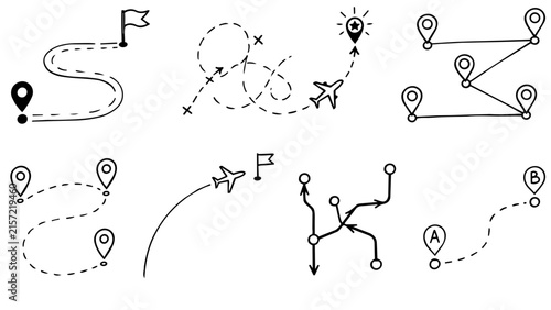 Doodle set of travel routes and navigation pins, hand drawn vector icons and line art illustrations for journeys and maps.