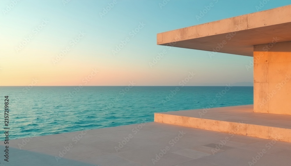 Fototapeta premium Modern concrete seaside structure on calm ocean water at sunset. Clear sky with pastel colours. A peaceful path leads to the waterfront view.