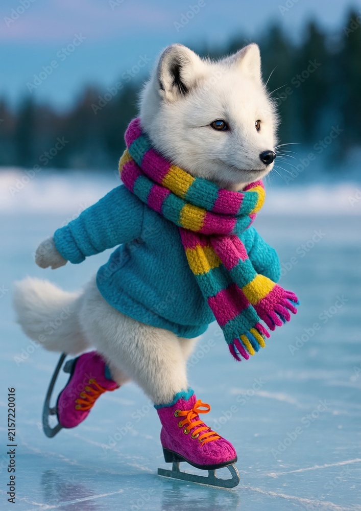 Naklejka premium Cute fox ice skating joyfully.