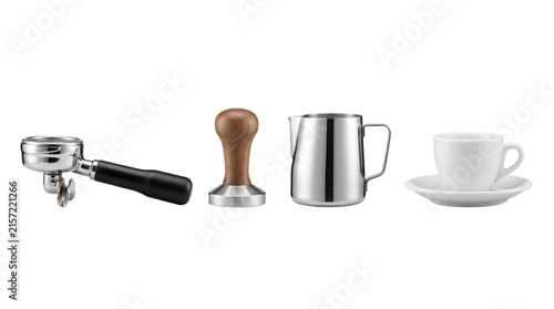 фотографія Barista tool set with portafilter, tamper, milk pitcher, and espresso cup