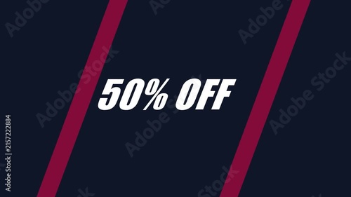 50% off promotional sale animation with dynamic red diagonal lines and modern typography for e-commerce marketing 4k