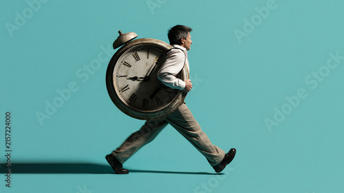 Businessman Carrying Huge Alarm Clock on His Back