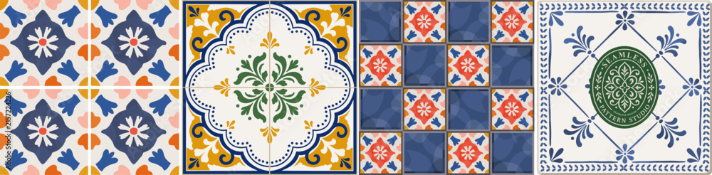 Fototapeta premium Mediterranean tile. Seamless pattern. Vector illustration of floral Italian tiles and mosaics, geometric ornament, Amalfi ceramics for background, fabric, packaging or wrapping