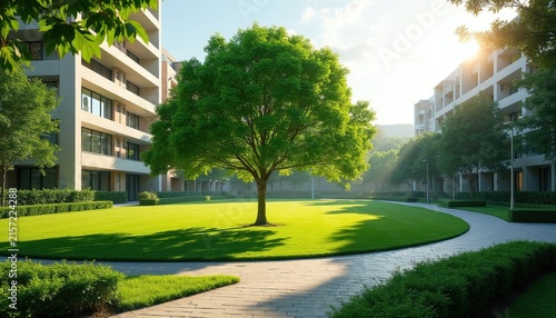 Rich green tree stands in center of city park surrounded by modern residential buildings. Manicured lawn area features paved pathways, bright sunlight rays. Peaceful urban landscape offers relaxation