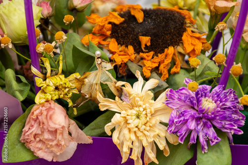 A beautiful bouquet of colored flowers that has wilted