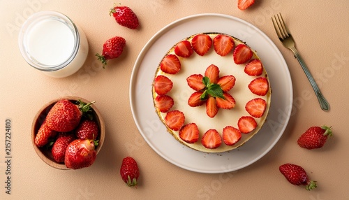yummy cheesecake with strawberries and milk on beige table flat lay
