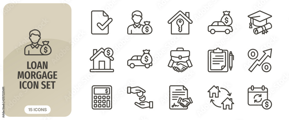 Fototapeta premium Loan and mortgage line icons set