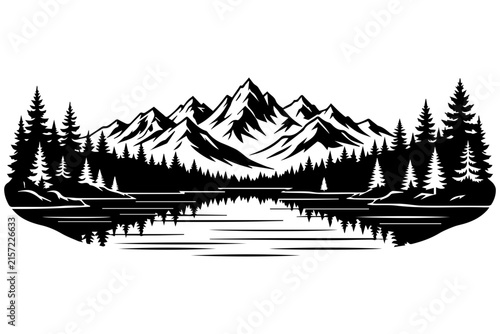 Mountain lake landscape silhouette with pine trees and canoe black and white nature scene. Vector Art