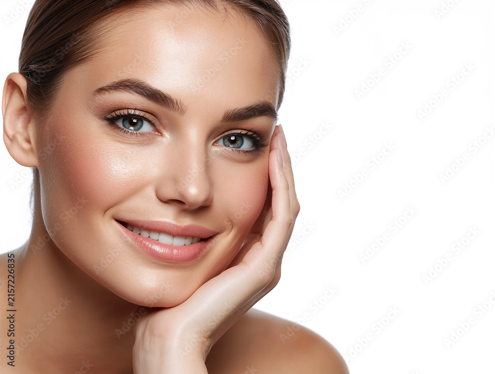 Obraz premium Beautiful Woman with Healthy Glowing Skin, Natural Makeup and Fresh Smile in Close-Up Beauty Skincare Spa Portrait, Beautiful caucasian woman smiling with white teeth for oral care concept