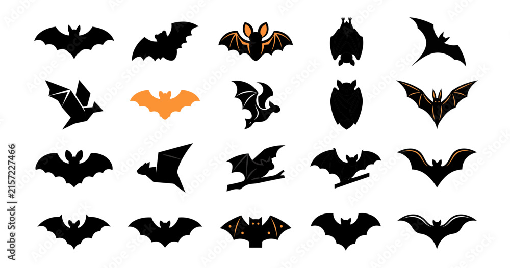 Fototapeta premium Set of various halloween bat icons and silhouettes for spooky holiday design projects and festive party decorations