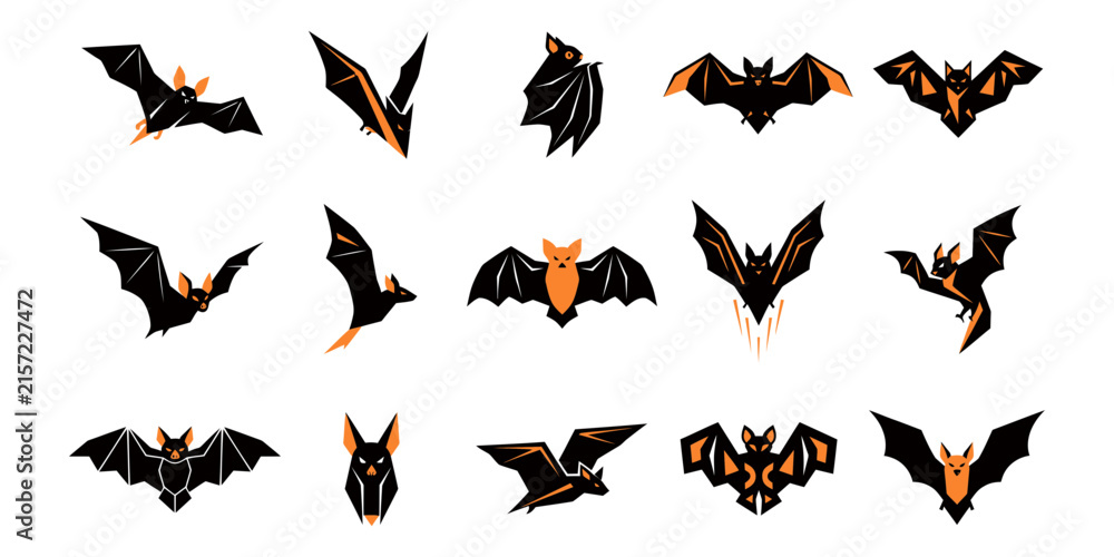 Fototapeta premium A collection of stylized graphic icons featuring a halloween bat in various flying and hanging poses for holiday design