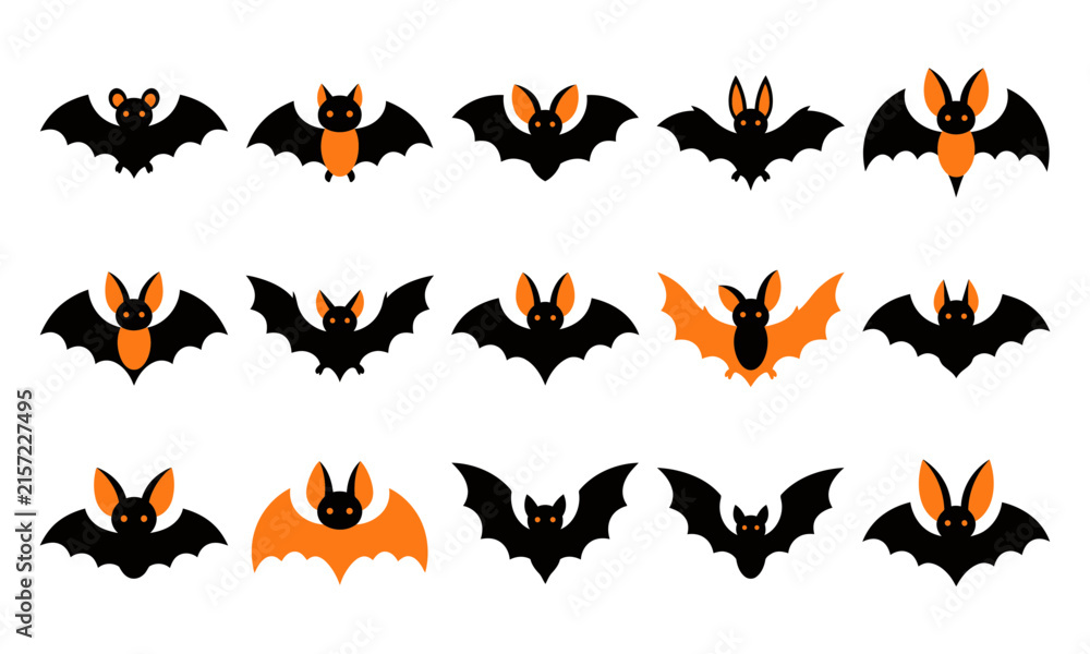 Fototapeta premium A collection of various halloween bat icons featuring different wing shapes and orange and black color combinations for design