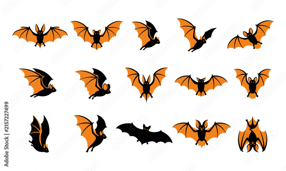 Fototapeta premium A collection of various spooky halloween bat silhouettes in different flying poses isolated on a white background