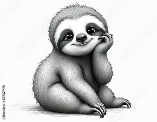Cute sloth sits with hand on chin in pencil sketch style. Adorable baby animal happy expression on face. Monochrome ink drawing features furry creature with big eyes. Minimalist illustration shows