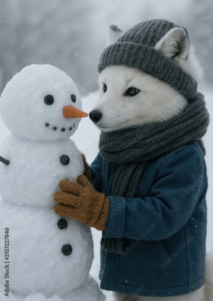 Naklejka premium Fox builds snowman in winter.