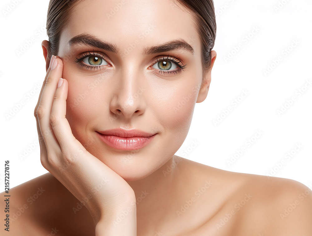 Fototapeta premium Beautiful Young Woman with Perfect Healthy Skin and Natural Makeup in Close-Up Beauty Skincare Spa Wellness Portrait, beauty portrait of a gorgeous woman with professional soft makeup