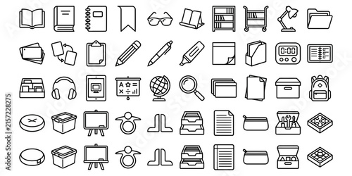 Set of hand drawn library and education icons featuring books stationery study tools and reading accessories in sketch style