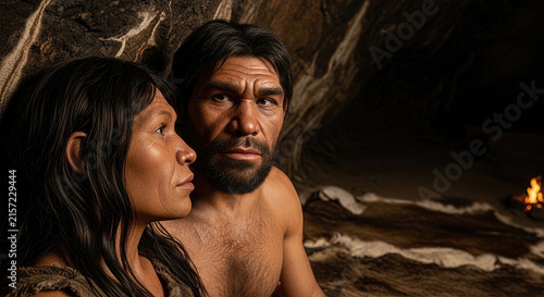 Neanderthal man and woman in a cave setting by a fire