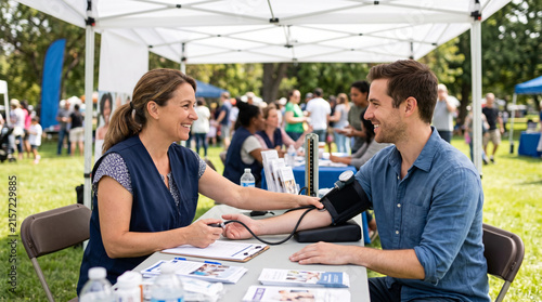 Nurse checks man's blood pressure at outdoor health fair event