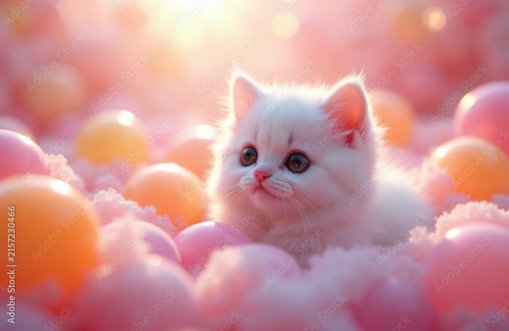 Fototapeta premium White fluffy kitten sits among pastel pink, orange balls. Small cat plays in soft bath filled with toy spheres. Cute pet rests in bright fairy tale room atmosphere. Sweet feline animal enjoys cozy