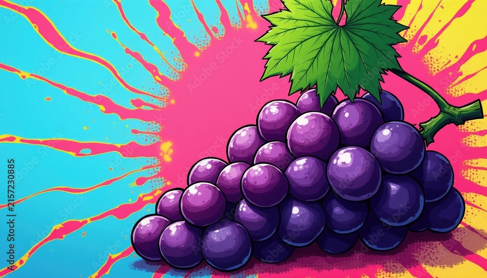 Naklejka premium Purple grapes with green leaf on bright abstract background. Food illustration with pop art style, vibrant colors. Healthy fruit artwork for design.
