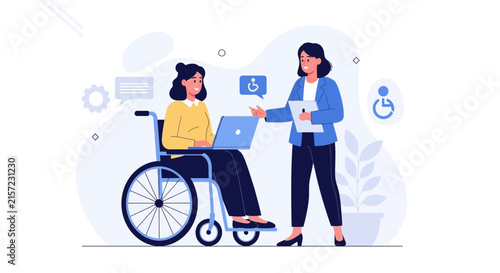 Business woman in wheelchair collaborating with colleague, diversity and inclusion in workplace concept