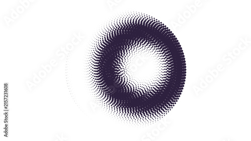 Abstract purple circular ring pattern made of small square pixels on a black background, digital for science and technology