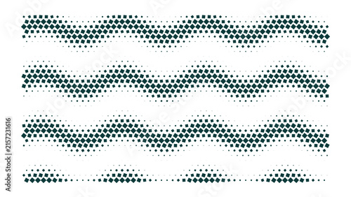 Abstract wavy pattern of dark teal geometric shapes on a black background, repeating horizontal lines of small squares and circles