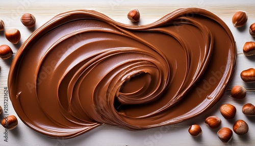 top view of a glossy chocolate hazelnut spread smear this creamy texture features artistic brushstrokes perfect for dessert recipes food packaging and culinary designs