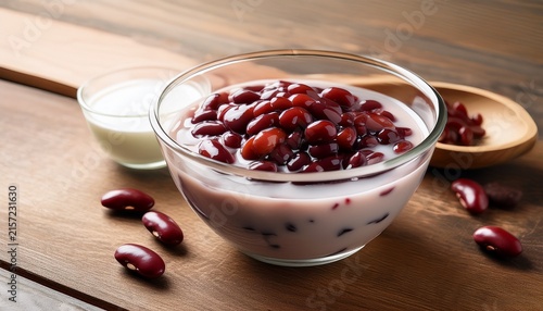 traditional asian red bean dessert served in a clear glass bowl on a wooden table sweet red beans topped over creamy taro or coconut milk base healthy vegan snack and oriental cuisine concept