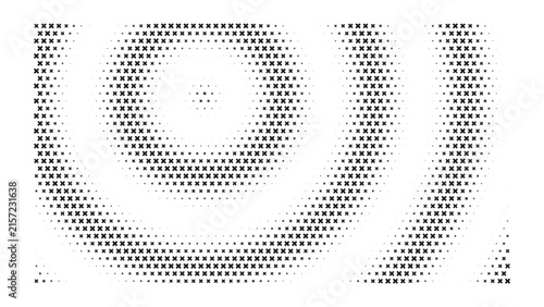 Concentric square pattern made of small dark blue dots on a black background, abstract digital for technology theme