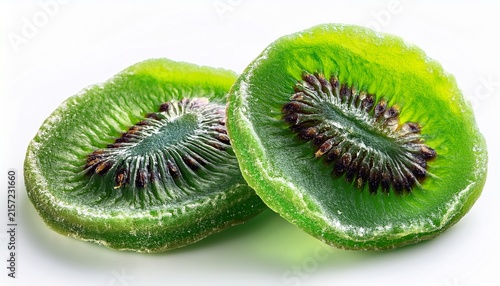 two vibrant green candied dried kiwi slices isolated close up of dehydrated fruit snack with visible seeds and crystalline texture perfect for food and health concepts