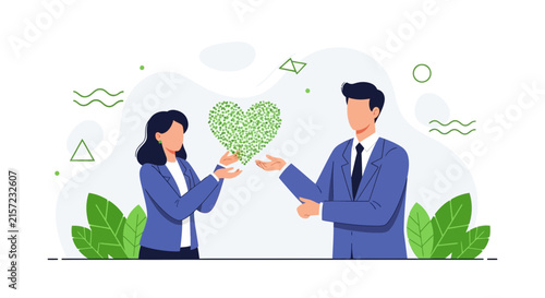 Couple Sharing a Green Heart Symbol, Symbolizing Love, Care, and Environmentalism