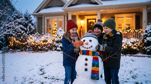 Children happily building a snowman in front of a decorated house during winter evening