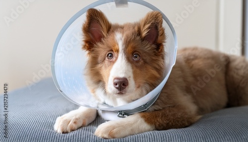 puppy wearing collar veterinary recovery after desexing medical pet healthcare a wheaten border collie recovering at home