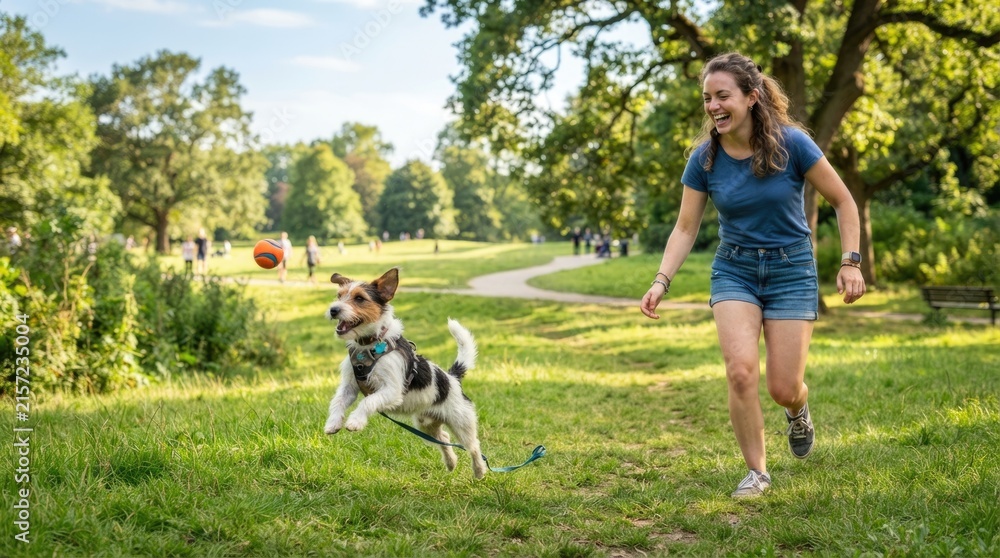 Fototapeta premium Happy Young Woman Playing Fetch with Energetic Small Dog Running Through Sunny Green Park
