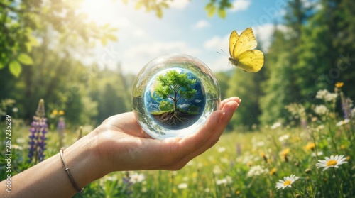 Human Hand Holding Glass Globe with Earth and Green Tree in Sunny Natural Landscape