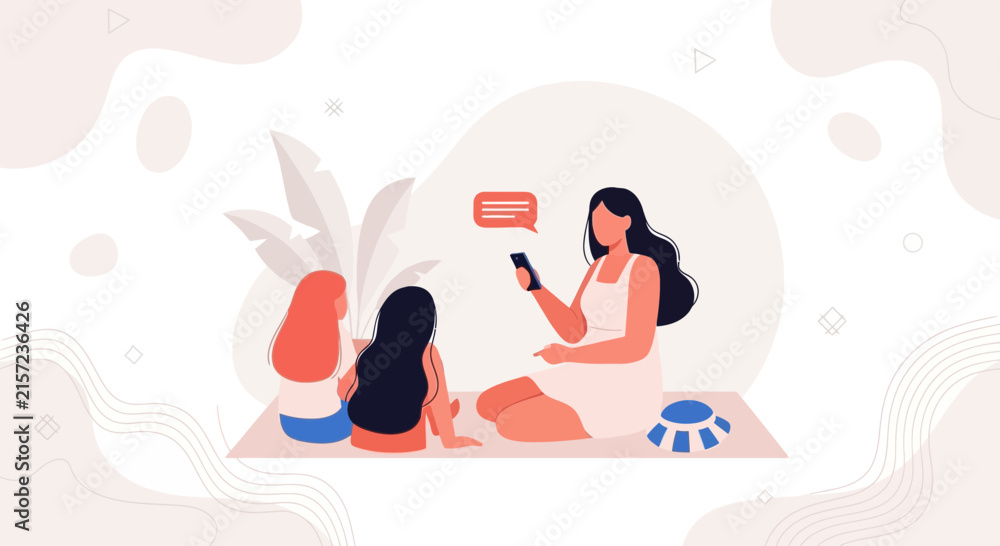 Obraz premium Family time: Mother showing smartphone to children, teaching digital literacy and connection in a cozy, modern illustration.