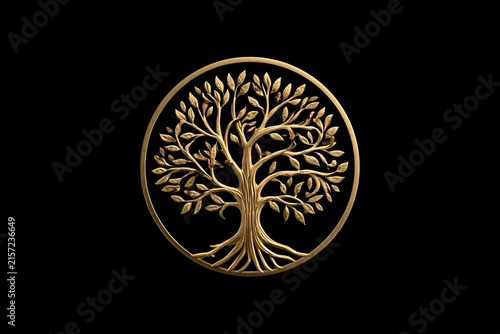 Golden tree of life illustration inside a circle symbol representing growth wisdom and connectivity isolated on black space.