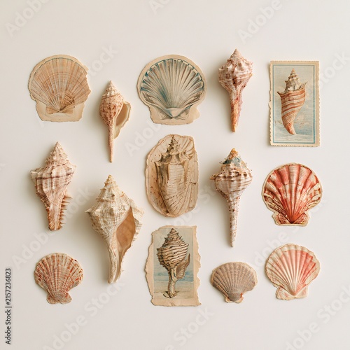 Vintage seashell collection cards and cut-paper illustrations on a neutral background
