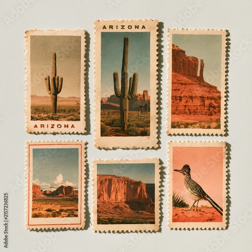Vintage Arizona postage stamps featuring saguaro cactus, desert canyons and a roadrunner.