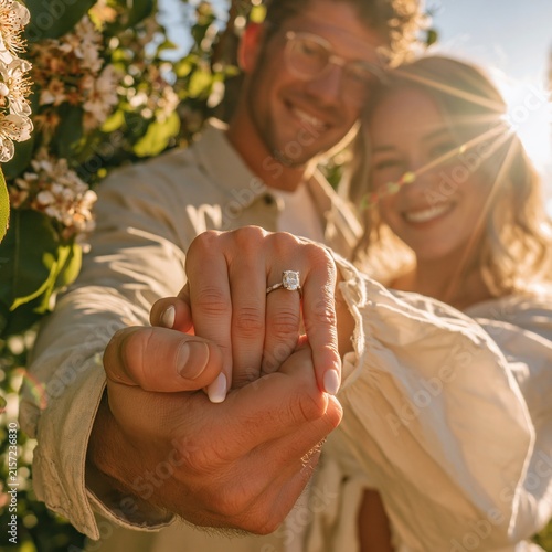 Happy couple holding hands showing off a diamond engagement ring at sunset outdoors