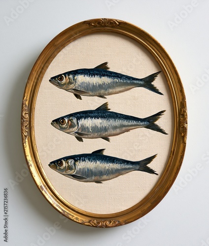 Oval framed oil painting of three silver sardines on textured canvas wall art decor