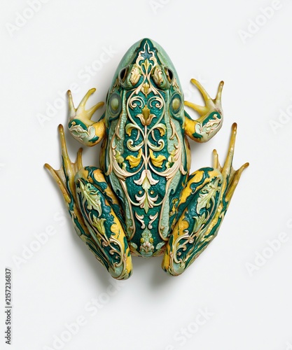 Top down view of a decorative frog with intricate floral patterns and ornate gold details
