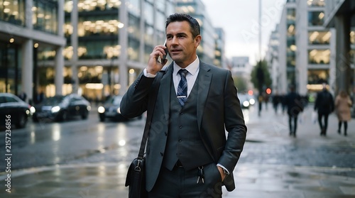 Successful businessman in professional suit talking on mobile phone while walking through modern city business district during twilight