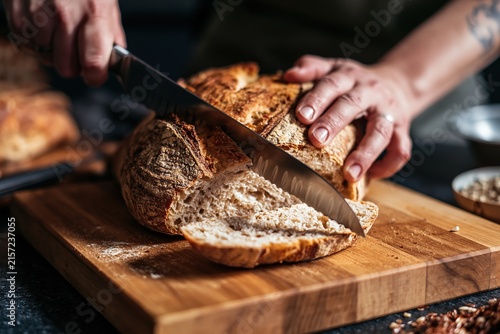 Hands slicing fresh bread on wooden board, knife in hand.