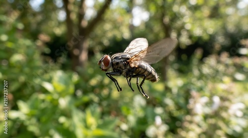Macro shot of a common housefly captured in mid-air flight against a lush blurred green garden background