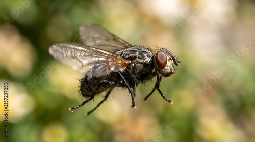 Detailed macro of a common house fly hovering in flight against a blurred green garden background