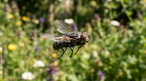 Macro photo of a common housefly flying through a garden over colorful flowers on a sunny day with soft bokeh