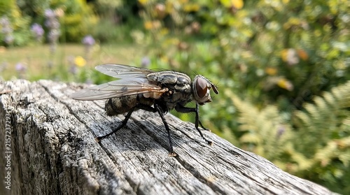 Close up macro shot of a common housefly resting on a weathered wooden fence post in a sunny garden